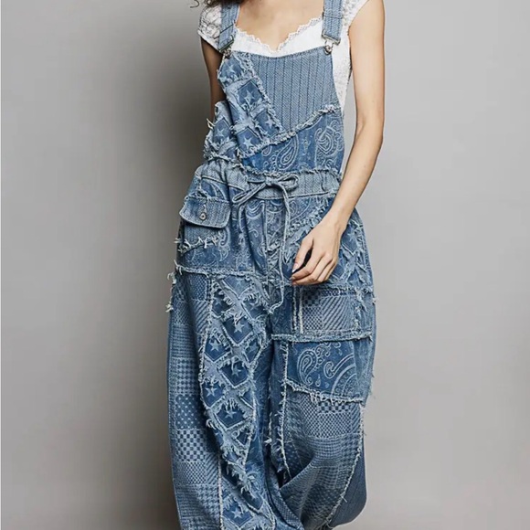 NWT POL Blue Patchwork Overalls - Picture 3 of 4